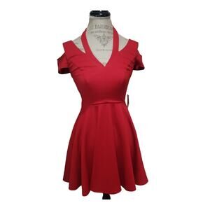 Jodi Kristopher Sexy Exposed Shoulder Low V Cut True Red Flare Swing Dress